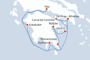 Carte itinéraire croisière Paysages et sites emblématiques du Péloponnèse - 7 jours au départ de Le Piree - Athenes - Méditerranée