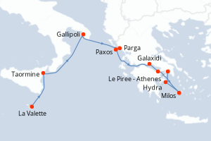 Carte itinéraire croisière Îles paisibles et trésors antiques de Méditerranée - 8 jours au départ de La Valette - Méditerranée