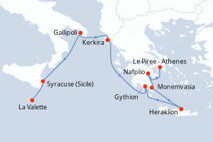Carte itinéraire croisière 12ème festival de piano en mer - 8 jours au départ de Le Piree - Athenes - Méditerranée