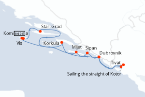 Carte itinéraire croisière La Croatie, sous les voiles du Ponant - 7 jours au départ de Dubrovnik - Adriatique