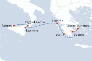 Carte itinéraire croisière De la Sicile aux îles grecques, sous les voiles du Ponant - 7 jours au départ de Palerme - Méditerranée