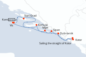 Carte itinéraire croisière La Croatie, sous les voiles du Ponant - 7 jours au départ de Dubrovnik - Adriatique