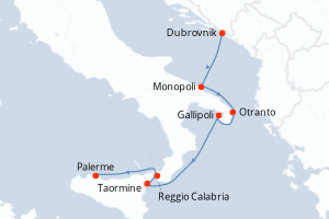 Carte itinéraire croisière Des Pouilles à la Sicile, sous les voiles du Ponant - 7 jours au départ de Dubrovnik - Méditerranée