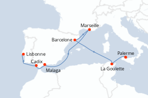 Carte itinéraire croisière Portugal, Espagne, France, Tunisie, Italie - 9 jours au départ de Lisbonne - Méditerranée