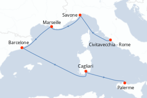 Carte itinéraire croisière Italie, France, Espagne - 7 jours au départ de Civitavecchia - Rome - Méditerranée