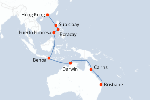 Carte itinéraire croisière Chine, Philippines, Australie - 19 jours au départ de Hong Kong - Asie