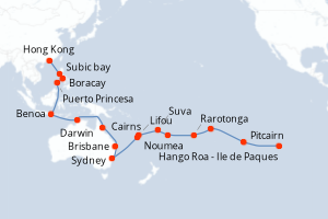 Carte itinéraire croisière Chine, Philippines, Australie, Hawaii, Fiji, Tonga, Polynésie, Chili - 45 jours au départ de Hong Kong - Asie