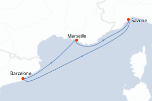 Carte itinéraire croisière France, Italie, Espagne - 3 jours au départ de Marseille - Méditerranée