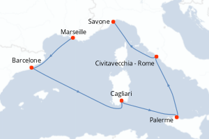 Carte itinéraire croisière France, Espagne, Italie - 7 jours au départ de Marseille - Méditerranée