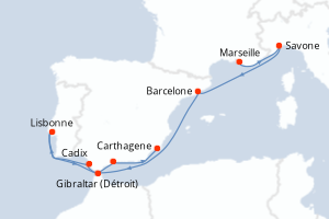 Carte itinéraire croisière France, Italie, Espagne, Portugal, Gibraltar - 10 jours au départ de Marseille - Asie