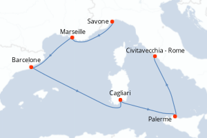Carte itinéraire croisière Italie, France, Espagne - 7 jours au départ de Savone - Méditerranée