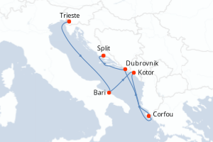 Carte itinéraire croisière Italie, Montenegro, Grèce, Croatie - 7 jours au départ de Trieste - Adriatique