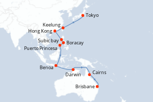 Carte itinéraire croisière Japon, Taïwan, Chine, Philippines, Australie - 24 jours au départ de Tokyo - Asie