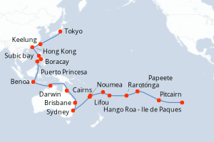 Carte itinéraire croisière Japon, Taïwan, Chine, Philippines, Australie, Hawaii, Fiji, Tonga, Polynésie, Chili - 50 jours au départ de Tokyo - Asie