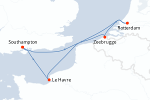Carte itinéraire croisière Belgique, Royaume-Uni, Pays-Bas, France - 5 jours au départ de Southampton - Europe du Nord