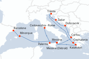 Carte itinéraire croisière Italie, Croatie, Grèce, Espagne - 14 jours au départ de Civitavecchia - Rome - Méditerranée