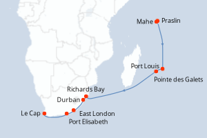 Carte itinéraire croisière Seychelles, Maurice, France, Afrique du Sud - 17 jours au départ de Mahe - Seychelles