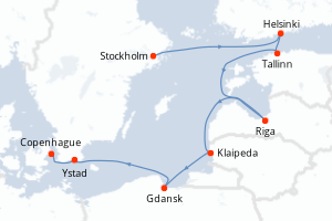 Carte itinéraire croisière Suède, Finlande, Estonie, Lettonie, Lituanie, Pologne, Danemark - 7 jours au départ de Stockholm - Europe du Nord