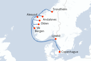 Carte itinéraire croisière Danemark, Norvège, Suède - 10 jours au départ de Copenhague - Europe du Nord