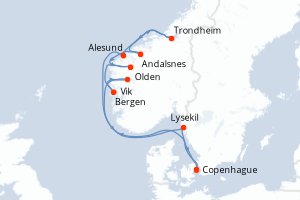 Carte itinéraire croisière Danemark, Norvège, Suède - 10 jours au départ de Copenhague - Europe du Nord