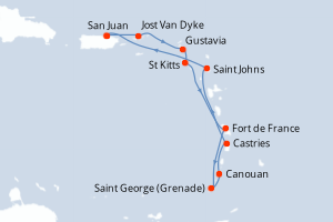 Carte itinéraire croisière Porto Rico, Royaume-Uni, Antigua-et-Barbuda, France, Grenade, Saint Vincent-et-les-Grenadines, Sainte-Lucie - 10 jours au départ de San Juan - Caraïbes Bahamas