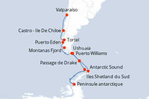 Carte itinéraire croisière Chili, Antarctique, Argentine - 21 jours au départ de Puerto Williams - Amérique du Sud
