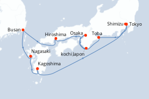 Carte itinéraire croisière Japon, Corée du Sud - 11 jours au départ de Tokyo - Asie
