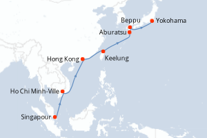 Carte itinéraire croisière Singapour, Vietnam, Chine, Taïwan, Japon - 14 jours au départ de Singapour - Asie