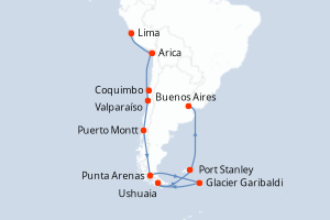 Carte itinéraire croisière Pérou, Chili, Argentine, Îles Malouines - 21 jours au départ de Lima - Amérique du Sud