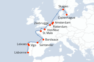 Carte itinéraire croisière Portugal, Espagne, France, Belgique, Pays-Bas, Danemark - 16 jours au départ de Lisbonne - Europe du Nord