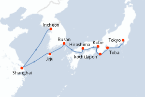 Carte itinéraire croisière Japon, Corée du Sud, Chine - 14 jours au départ de Tokyo - Asie