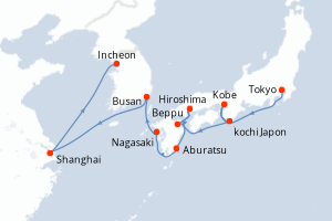 Carte itinéraire croisière Japon, Corée du Sud, Chine - 15 jours au départ de Tokyo - Asie