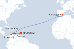 Carte itinéraire croisière Barbade, Sainte-Lucie, Saint Vincent-et-les-Grenadines, Pays-Bas, Aruba, Colombie, Espagne - 9 jours au départ de Bridgetown - Transatlantique
