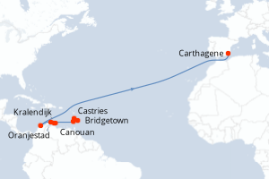 Carte itinéraire croisière Barbade, Sainte-Lucie, Saint Vincent-et-les-Grenadines, Pays-Bas, Aruba, Colombie, Espagne - 9 jours au départ de Bridgetown - Transatlantique