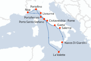 Carte itinéraire croisière France, Italie, Malte - 12 jours au départ de Nice - Méditerranée