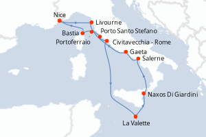 Carte itinéraire croisière France, Italie, Malte - 12 jours au départ de Nice - Méditerranée
