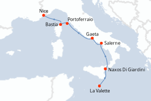 Carte itinéraire croisière Malte, Italie, France - 6 jours au départ de La Valette - Méditerranée