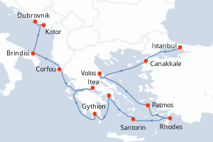 Carte itinéraire croisière Turquie, Grèce, Italie, Monténégro, Croatie - 14 jours au départ de Istanbul - Adriatique
