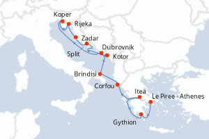 Carte itinéraire croisière Grèce, Italie, Monténégro, Croatie, Slovénie - 14 jours au départ de Le Piree - Athenes - Adriatique