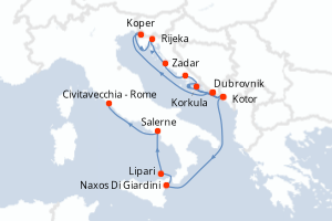 Carte itinéraire croisière Croatie, Slovénie, Monténégro, Italie - 14 jours au départ de Dubrovnik - Méditerranée