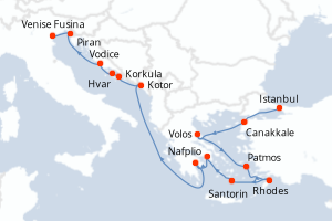 Carte itinéraire croisière Turquie, Grèce, Monténégro, Croatie, Slovénie, Italie - 15 jours au départ de Istanbul - Méditerranée