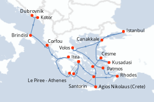 Carte itinéraire croisière Monténégro, Croatie, Italie, Grèce, Turquie - 21 jours au départ de Dubrovnik - Méditerranée