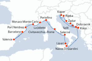 Carte itinéraire croisière Croatie, Slovénie, Monténégro, Italie, Monaco, France, Espagne - 21 jours au départ de Dubrovnik - Méditerranée