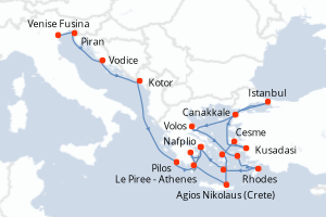 Carte itinéraire croisière Slovénie, Italie, Croatie, Monténégro, Grèce, Turquie - 21 jours au départ de Venise Fusina - Méditerranée