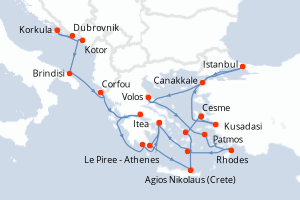 Carte itinéraire croisière Croatie, Monténégro, Italie, Grèce, Turquie - 22 jours au départ de Dubrovnik - Méditerranée