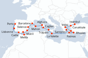 Carte itinéraire croisière Turquie, Grèce, Malte, Italie, Espagne, Portugal - 22 jours au départ de Istanbul - Atlantique