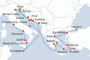 Carte itinéraire croisière Turquie, Grèce, Monténégro, Croatie, Slovénie, Italie, Malte - 23 jours au départ de Istanbul - Méditerranée