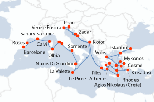 Carte itinéraire croisière Espagne, France, Malte, Monténégro, Italie, Slovénie, Croatie, Grèce, Turquie - 35 jours au départ de Barcelone - Méditerranée