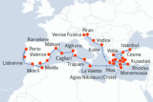 Carte itinéraire croisière Slovénie, Croatie, Monténégro, Grèce, Turquie, Malte, Italie, Espagne, Portugal - 36 jours au départ de Venise Fusina - Atlantique