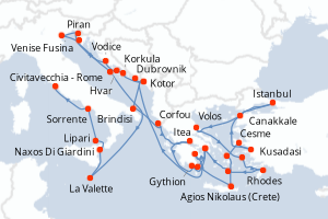 Carte itinéraire croisière Monténégro, Croatie, Italie, Grèce, Turquie, Slovénie, Malte - 37 jours au départ de Dubrovnik - Méditerranée